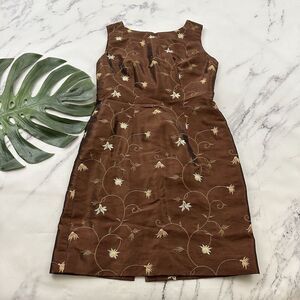 Womens Vintage Y2k Embroidered Taffeta Sheath Dress Size M Bronze Brown Floral